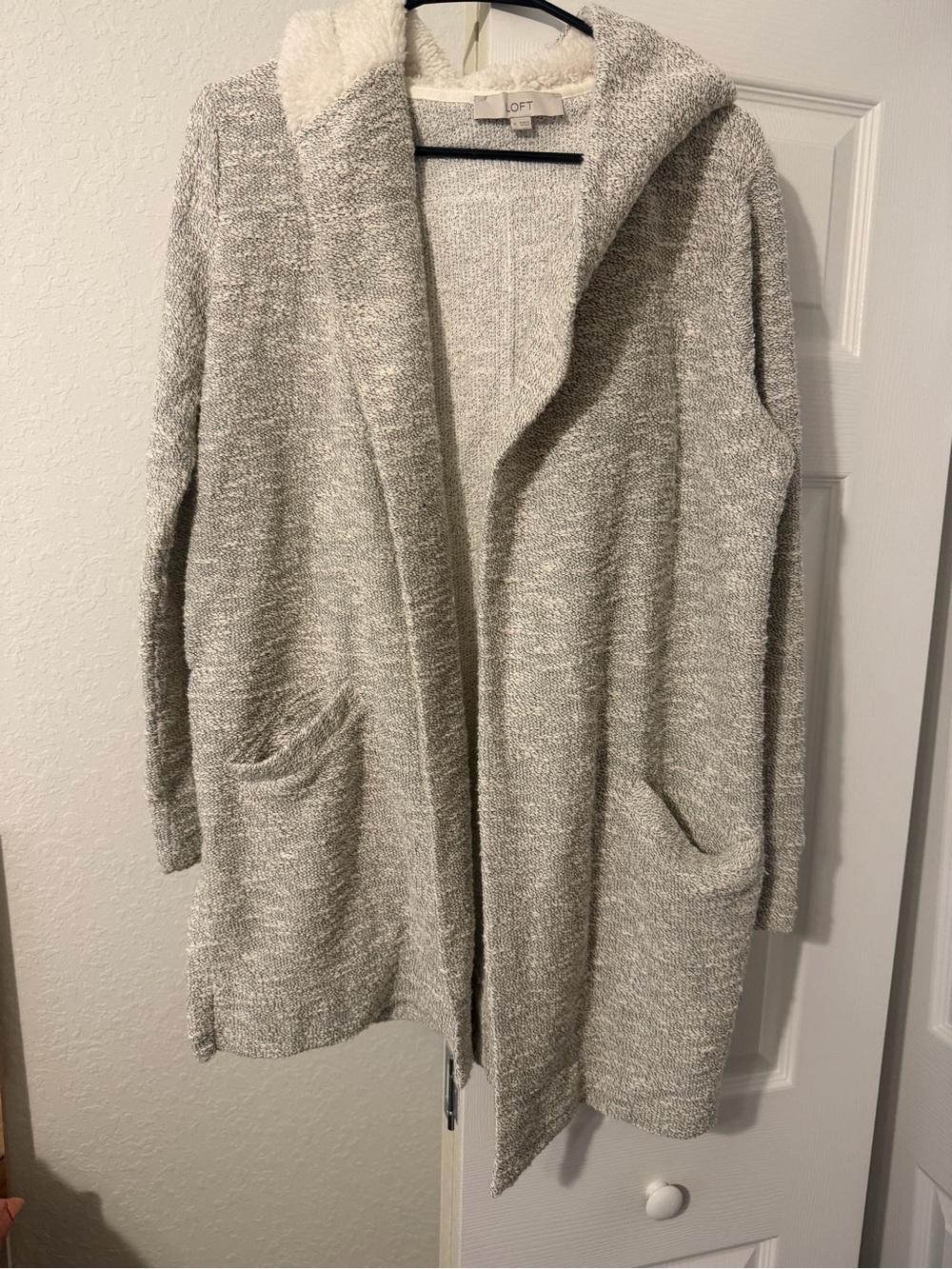 LOFT Heather Light Gray Hooded Open-Front Cardigan
